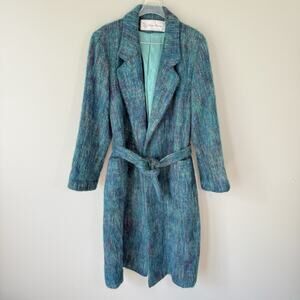 Evan Picone Trench Overcoat Coat Mohair Wool Blend Fuzzy Teal Blue VTG Sz L READ
